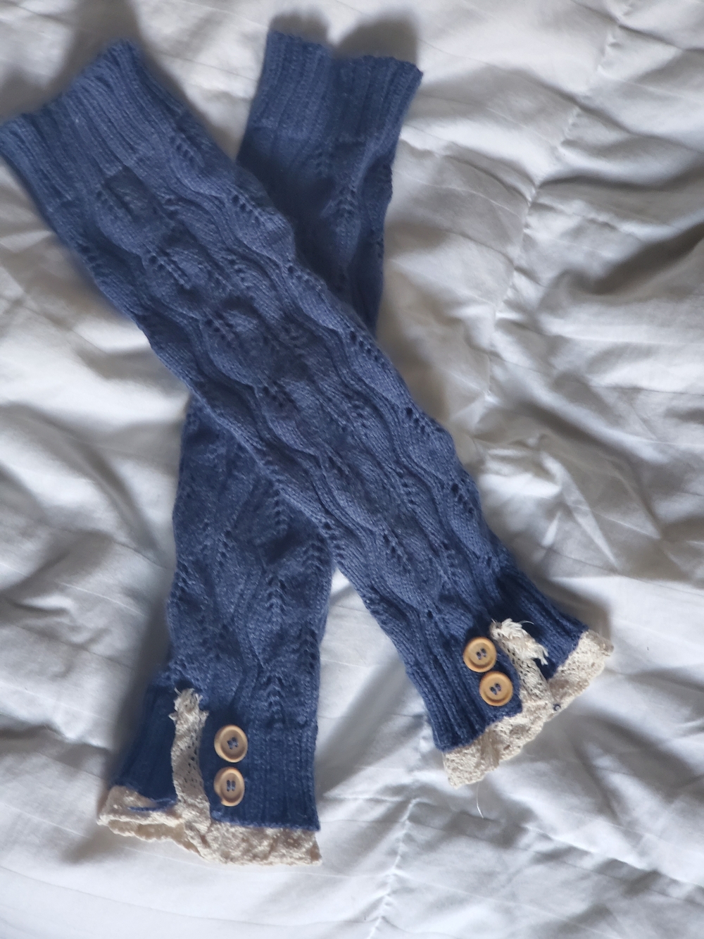 Dusty Blue Cable Knit Leg Warmers with Lace Trim